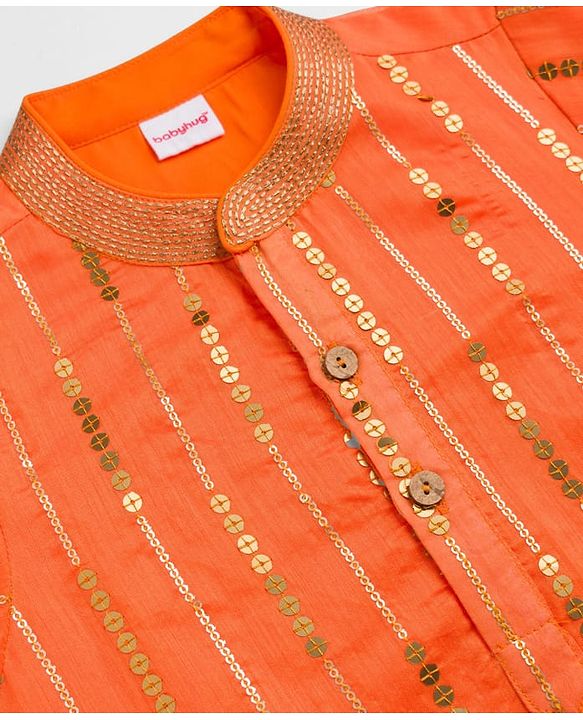 Babyhug  Woven Full Sleeves Sequin Embroidered Kurta Pyjama Set - Orange