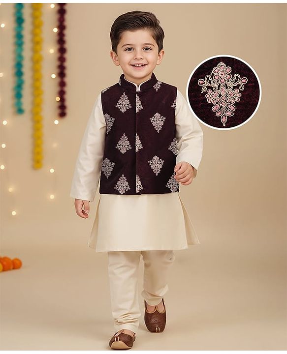 Babyhug Cotton Blend Woven Full Sleeves Kurta Pyjama Set With Floral Embroidered Velvet Nehru Jacket - Beige