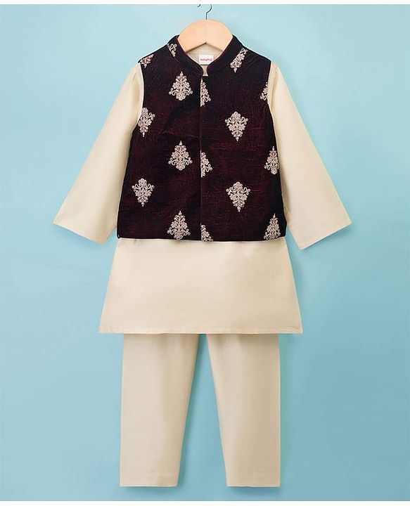Babyhug Cotton Blend Woven Full Sleeves Kurta Pyjama Set With Floral Embroidered Velvet Nehru Jacket - Beige