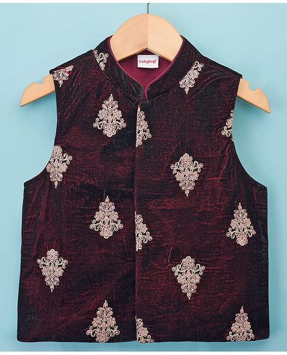 Babyhug Cotton Blend Woven Full Sleeves Kurta Pyjama Set With Floral Embroidered Velvet Nehru Jacket - Beige