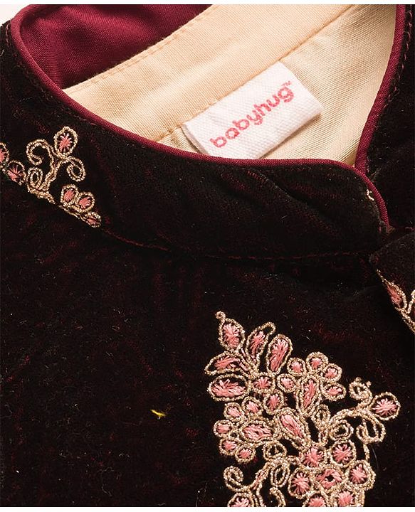 Babyhug Cotton Blend Woven Full Sleeves Kurta Pyjama Set With Floral Embroidered Velvet Nehru Jacket - Beige