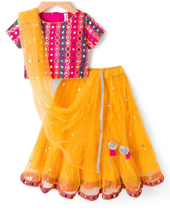 Babyhug Net Woven Half Sleeves Choli Lehenga & Dupatta Set With Sequin Detailing - Yellow