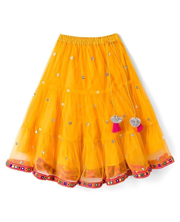 Babyhug Net Woven Half Sleeves Choli Lehenga & Dupatta Set With Sequin Detailing - Yellow