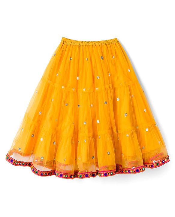 Babyhug Net Woven Half Sleeves Choli Lehenga & Dupatta Set With Sequin Detailing - Yellow