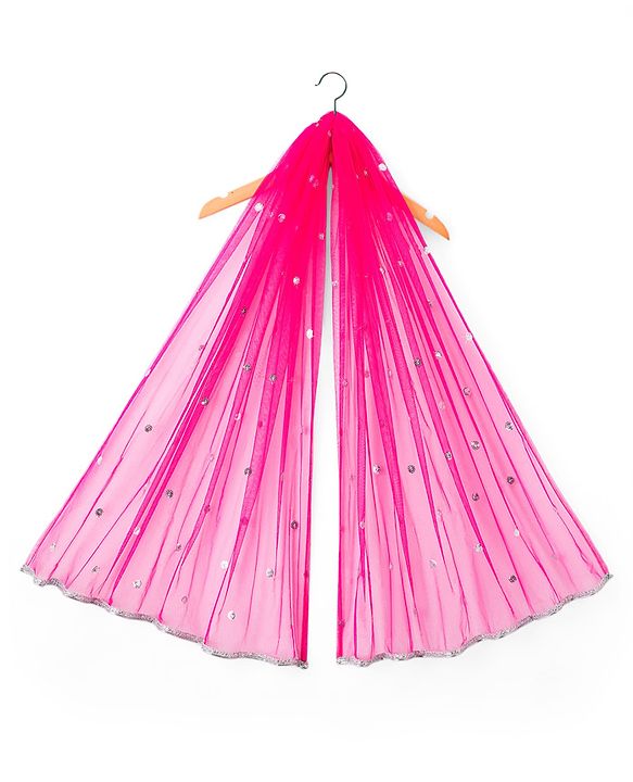 Babyhug Net Woven Sleeveless Halter Neck Embroidered Choli with Shimmer Lehenga & Dupatta Set - Pink & Green