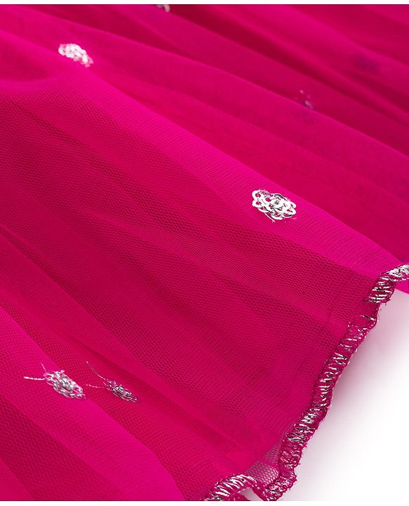 Babyhug Net Woven Sleeveless Halter Neck Embroidered Choli with Shimmer Lehenga & Dupatta Set - Pink & Green