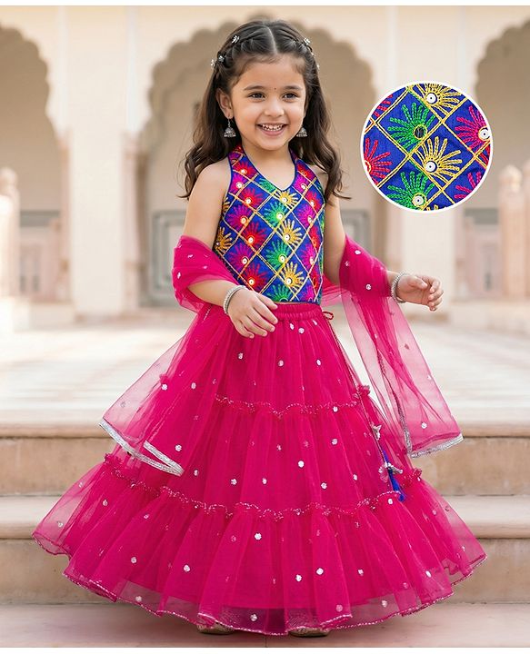 Babyhug Net Woven Sleeveless Halter Neck Embroidered Choli with Shimmer Lehenga & Dupatta Set - Pink & Green