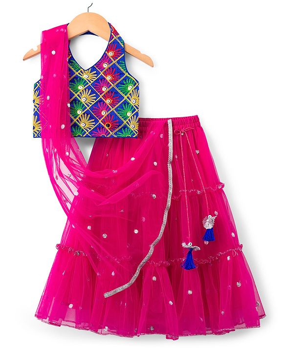 Babyhug Net Woven Sleeveless Halter Neck Embroidered Choli with Shimmer Lehenga & Dupatta Set - Pink & Green