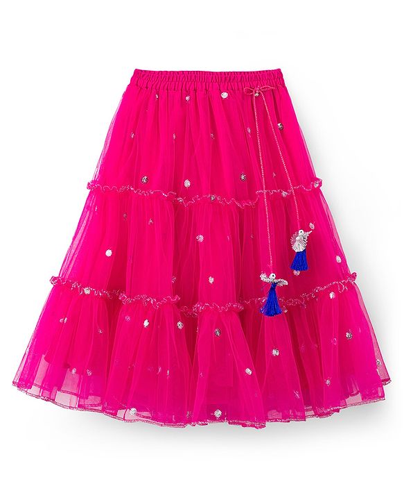 Babyhug Net Woven Sleeveless Halter Neck Embroidered Choli with Shimmer Lehenga & Dupatta Set - Pink & Green