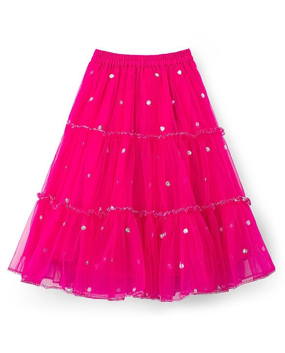 Babyhug Net Woven Sleeveless Halter Neck Embroidered Choli with Shimmer Lehenga & Dupatta Set - Pink & Green