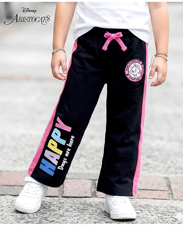 Babyhug Disney Terry Knit Full Length Track Pant With Marie Graphics & Badge Detailing - Black