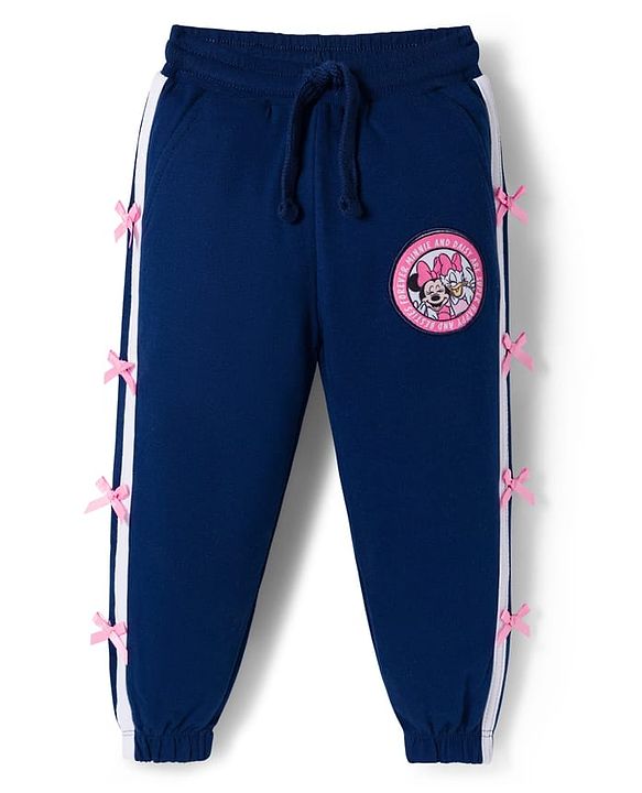Babyhug Disney Terry Knit Full Length Track Pant With Minnie Mouse Graphics & Bow Detailing - Navy Blue