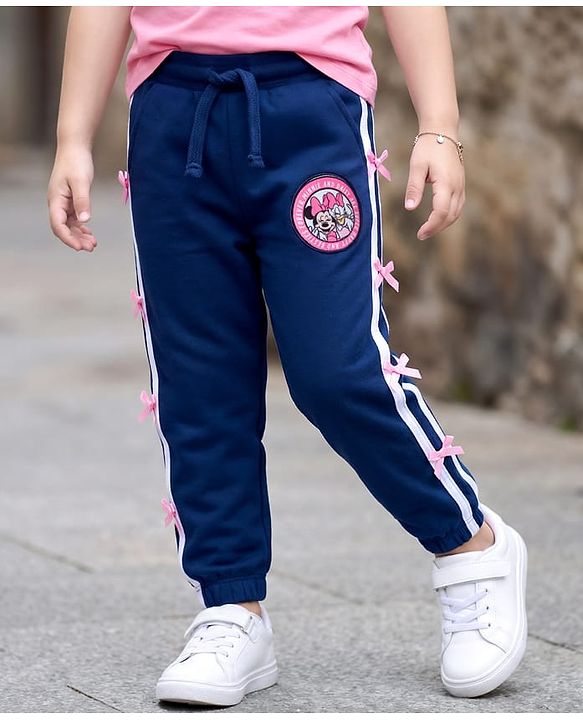 Babyhug Disney Terry Knit Full Length Track Pant With Minnie Mouse Graphics & Bow Detailing - Navy Blue