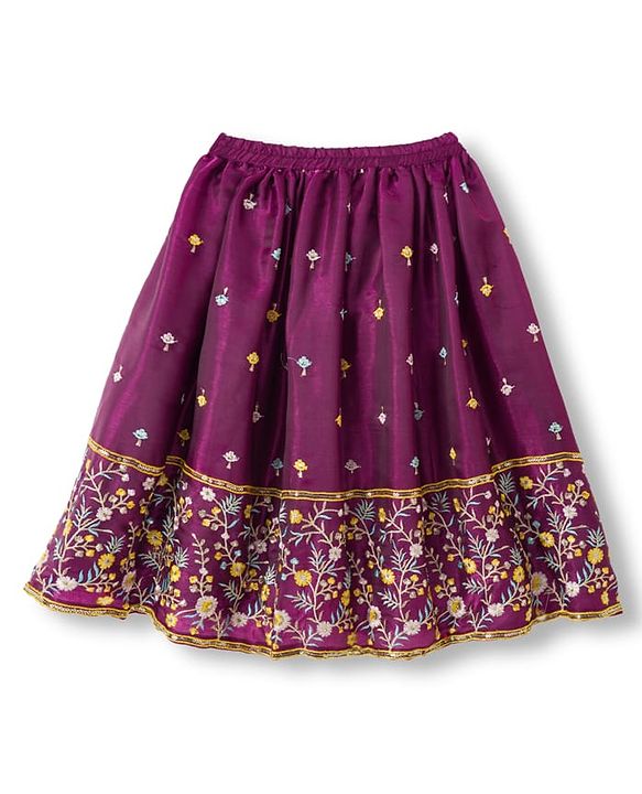 Babyhug Glass Woven Half Puffed Sleeves Floral & Sequin Embroidered Choli Lehenga Set with Dupatta - Wine