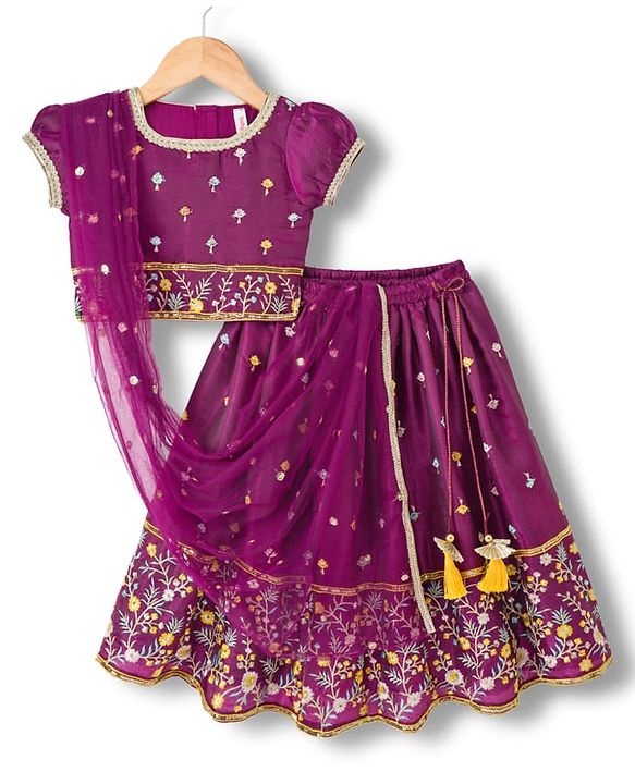 Babyhug Glass Woven Half Puffed Sleeves Floral & Sequin Embroidered Choli Lehenga Set with Dupatta - Wine
