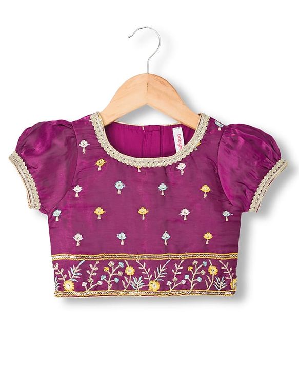 Babyhug Glass Woven Half Puffed Sleeves Floral & Sequin Embroidered Choli Lehenga Set with Dupatta - Wine