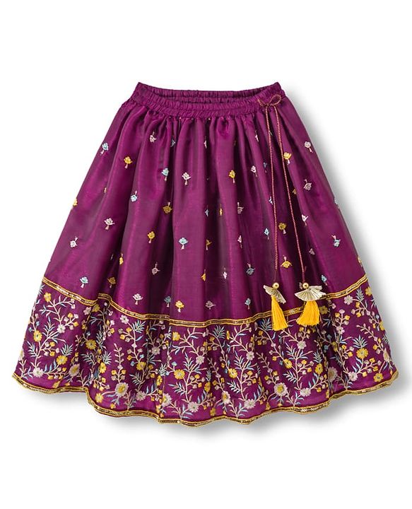 Babyhug Glass Woven Half Puffed Sleeves Floral & Sequin Embroidered Choli Lehenga Set with Dupatta - Wine