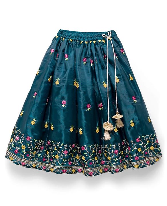 Babyhug Half Sleeves Floral Embroidered  Choli Lehenga & Dupatta Set - Teal