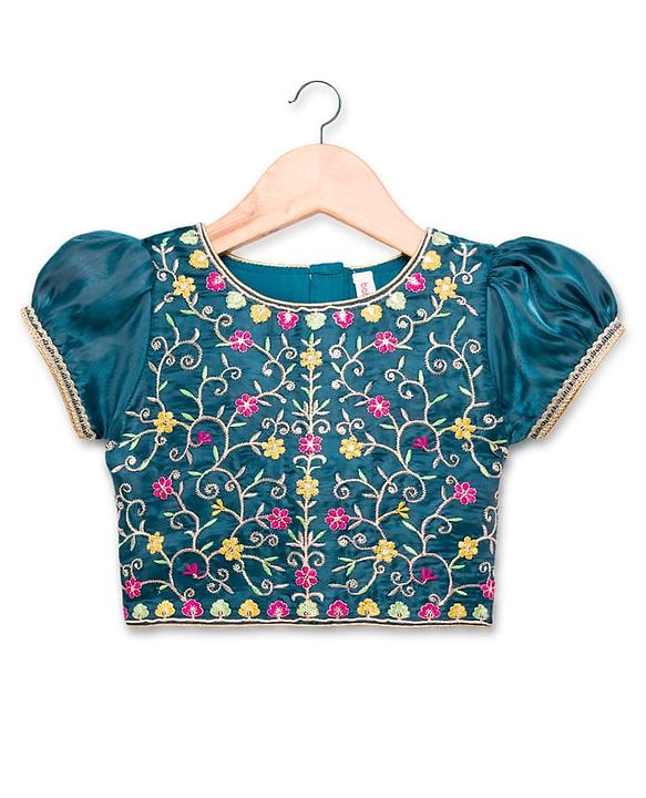 Babyhug Half Sleeves Floral Embroidered  Choli Lehenga & Dupatta Set - Teal