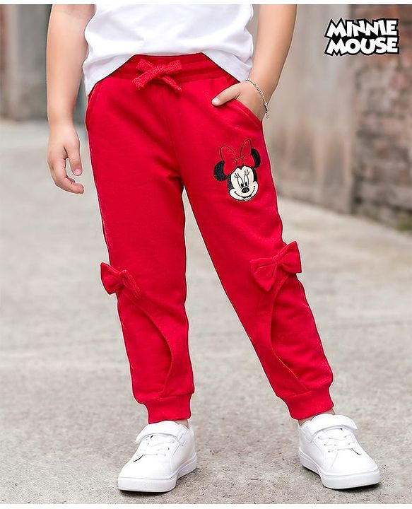 Babyhug Disney Terry Knit Full Length Track Pant With Minnie Mouse Graphics Badge & Bow Detailing - Red