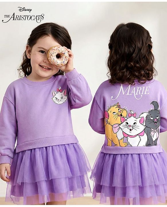 Babyhug Disney Terry Knit Drop Shoulder Full Sleeves Oversized Frock With Front and Back Marie & Friends Graphics - Lavender