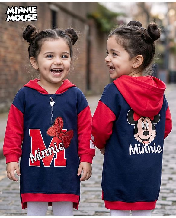 Babyhug Disney Terry Knit Full Sleeves Oversized Drop Shoulder Hooded Cut & Sew One Piece Sweatshirt Dress with Front & Back Minnie Mouse Graphics - Navy Blue & Red