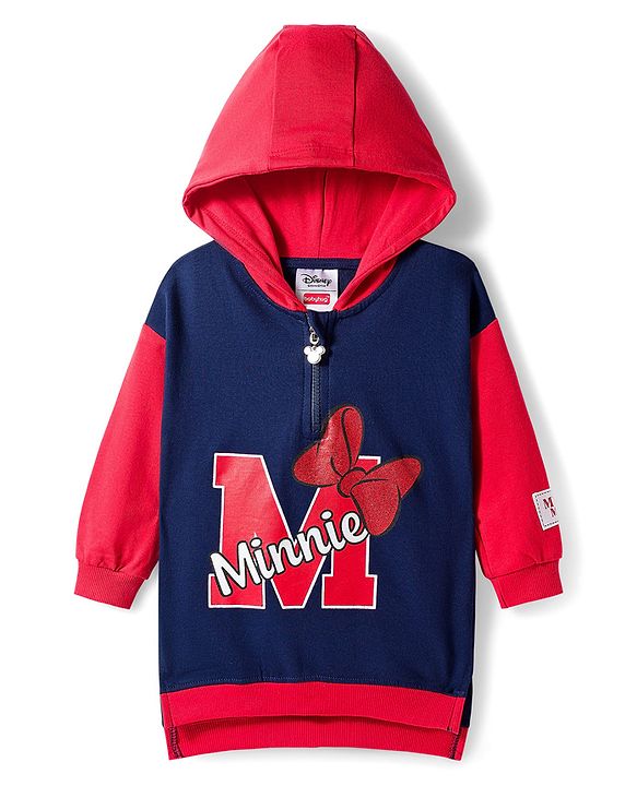 Babyhug Disney Terry Knit Full Sleeves Oversized Drop Shoulder Hooded Cut & Sew One Piece Sweatshirt Dress with Front & Back Minnie Mouse Graphics - Navy Blue & Red