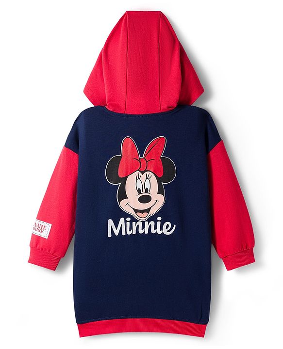 Babyhug Disney Terry Knit Full Sleeves Oversized Drop Shoulder Hooded Cut & Sew One Piece Sweatshirt Dress with Front & Back Minnie Mouse Graphics - Navy Blue & Red