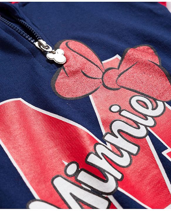Babyhug Disney Terry Knit Full Sleeves Oversized Drop Shoulder Hooded Cut & Sew One Piece Sweatshirt Dress with Front & Back Minnie Mouse Graphics - Navy Blue & Red