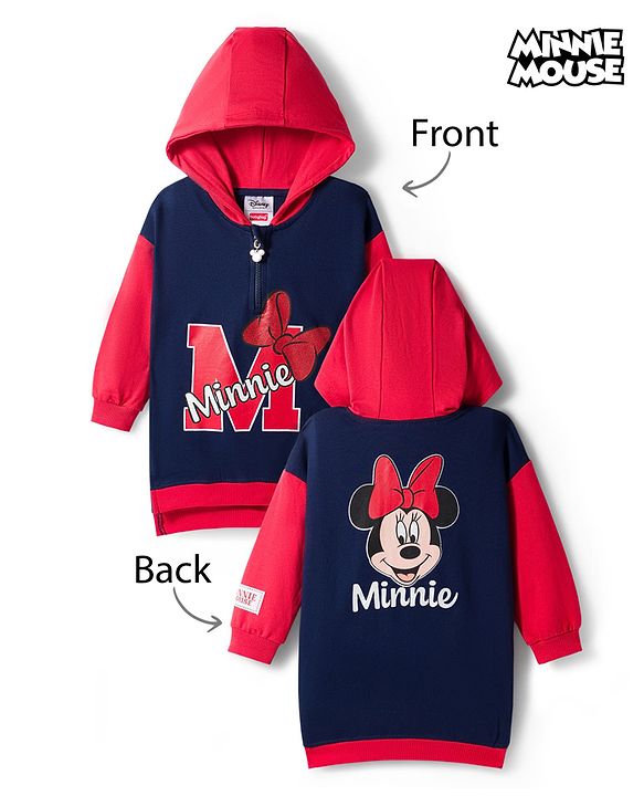 Babyhug Disney Terry Knit Full Sleeves Oversized Drop Shoulder Hooded Cut & Sew One Piece Sweatshirt Dress with Front & Back Minnie Mouse Graphics - Navy Blue & Red