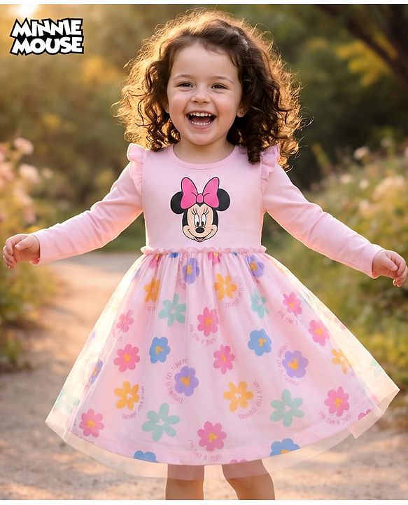 Babyhug Disney Single Jersey Knit Full Sleeves Frock With Minnie Mouse Graphics & Mesh Detailing - Pink