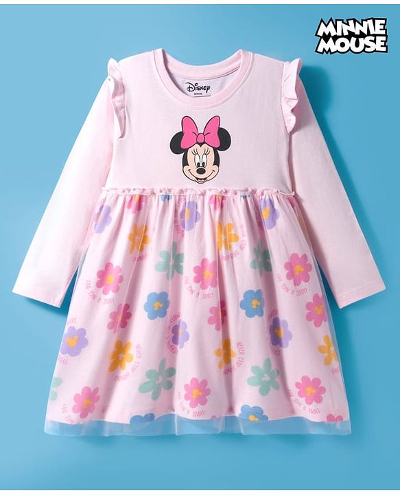 Babyhug Disney Single Jersey Knit Full Sleeves Frock With Minnie Mouse Graphics & Mesh Detailing - Pink
