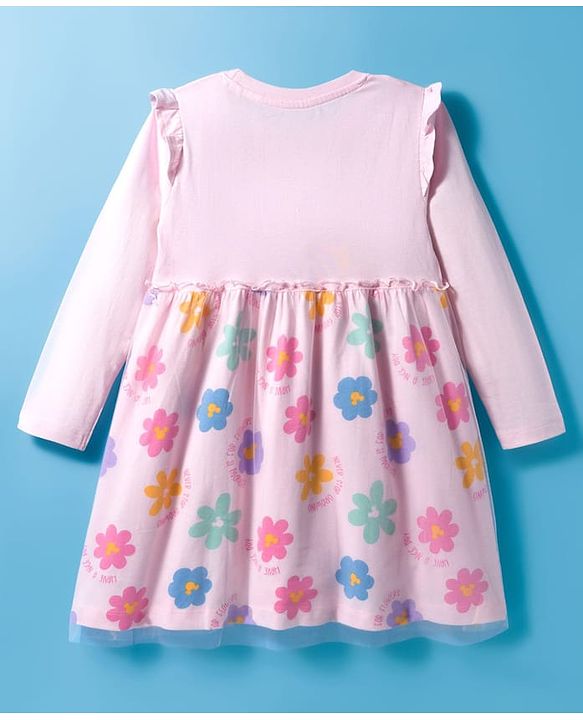 Babyhug Disney Single Jersey Knit Full Sleeves Frock With Minnie Mouse Graphics & Mesh Detailing - Pink