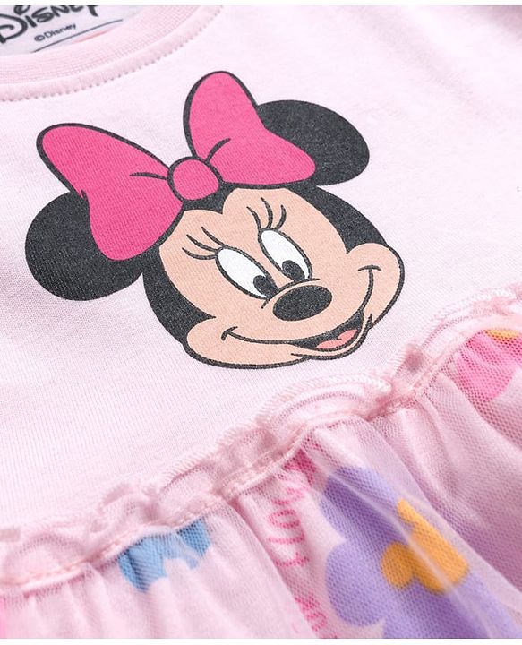 Babyhug Disney Single Jersey Knit Full Sleeves Frock With Minnie Mouse Graphics & Mesh Detailing - Pink