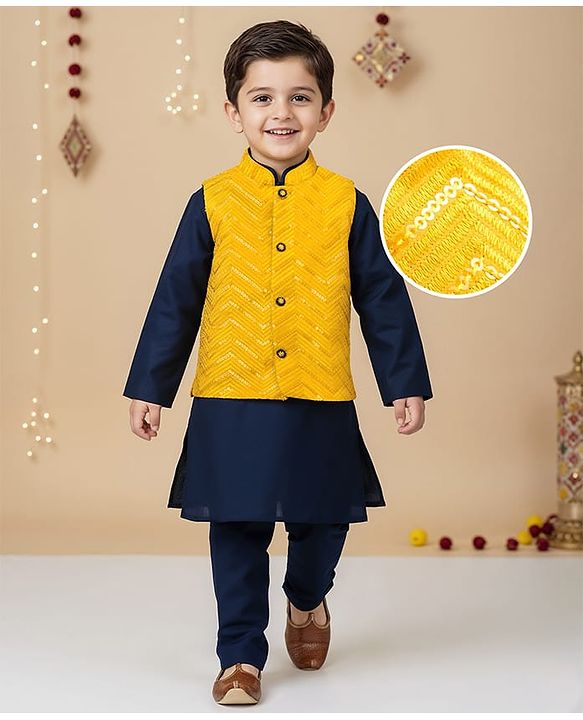 Babyhug Woven Full Sleeves Solid Kurta Payjama Set with Embroidered Jacket - Navy