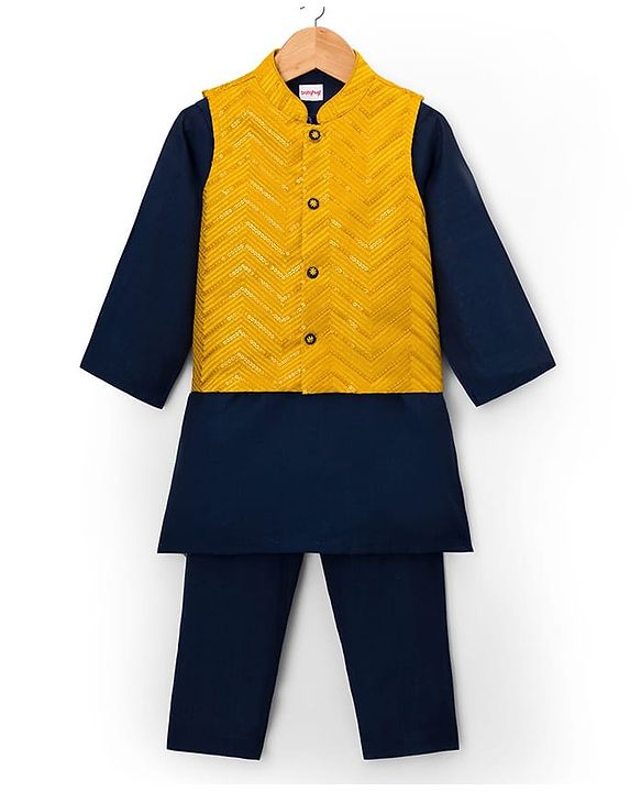 Babyhug Woven Full Sleeves Solid Kurta Payjama Set with Embroidered Jacket - Navy