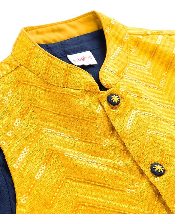 Babyhug Woven Full Sleeves Solid Kurta Payjama Set with Embroidered Jacket - Navy
