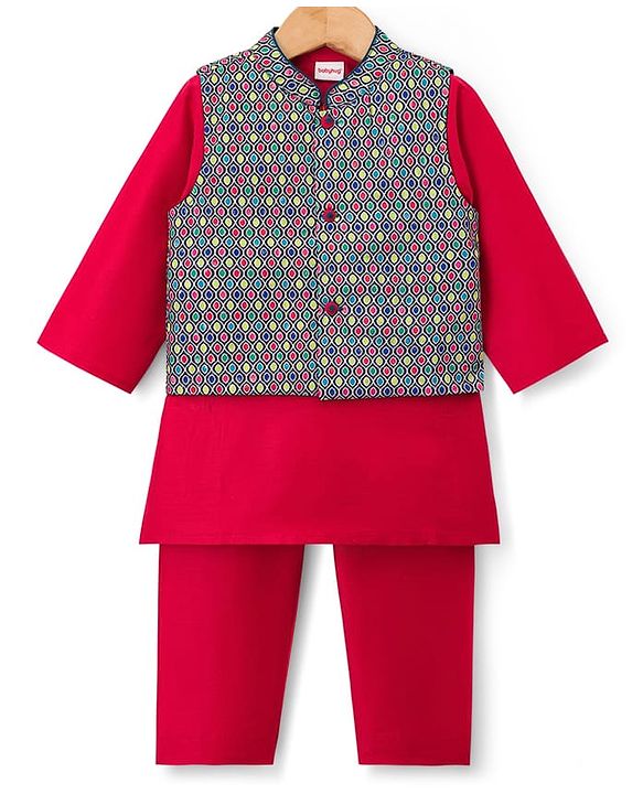 Babyhug Woven Full Sleeves Kurta Pajama & Embriodered Jacket Set - Red