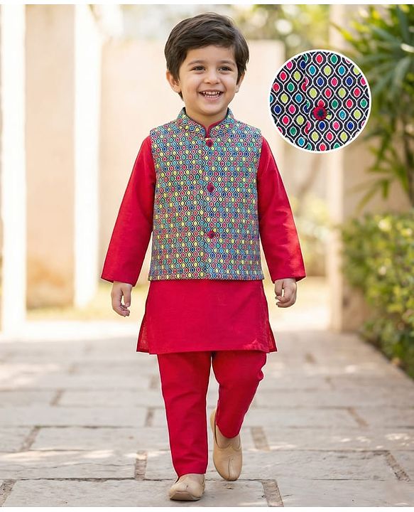 Babyhug Woven Full Sleeves Kurta Pajama & Embriodered Jacket Set - Red