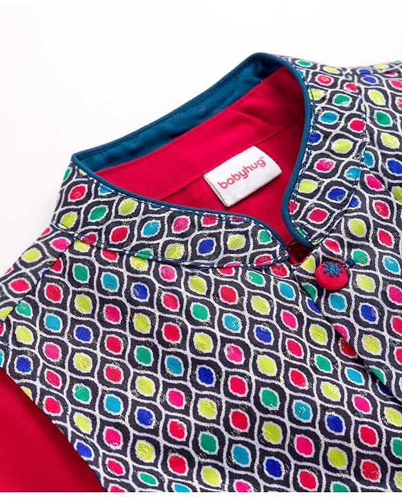 Babyhug Woven Full Sleeves Kurta Pajama & Embriodered Jacket Set - Red
