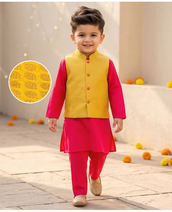 Babyhug Cotton Blend Woven Full Sleeves Kurta Pajama Set with Embroidered Jacket - Dark Pink