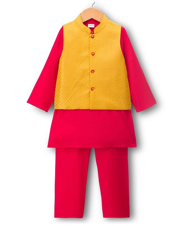 Babyhug Cotton Blend Woven Full Sleeves Kurta Pajama Set with Embroidered Jacket - Dark Pink