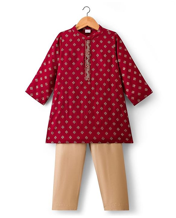 Babyhug Woven Full Sleeves Floral Foil Printed Kurta Pajama  Set- Maroon