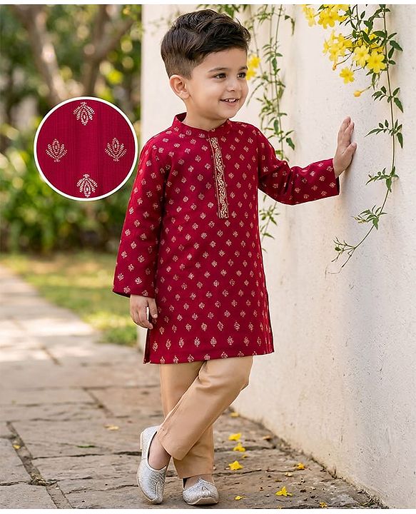 Babyhug Woven Full Sleeves Floral Foil Printed Kurta Pajama  Set- Maroon