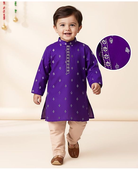 Babyhug Woven Full Sleeves  Foil Printed Kurta Pajama Set- Purple