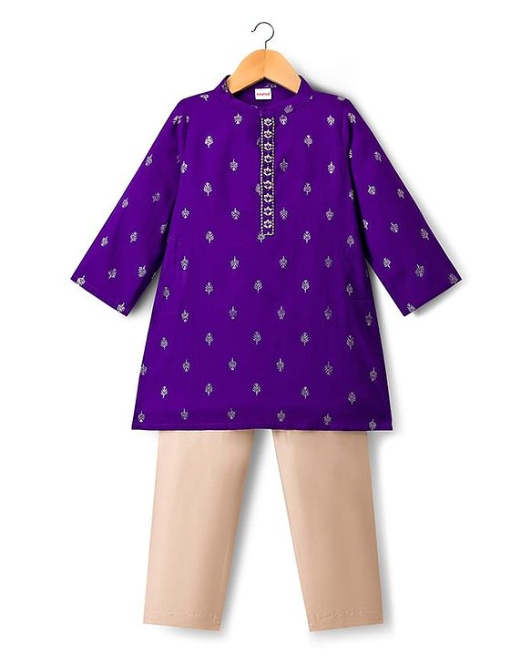 Babyhug Woven Full Sleeves  Foil Printed Kurta Pajama Set- Purple