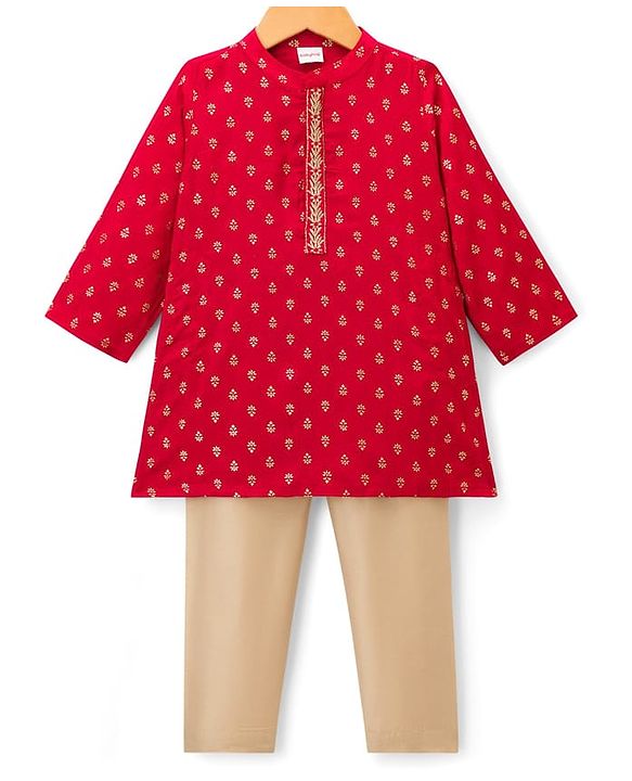Babyhug Woven Full Sleeves Kurta Pajama Set With Floral Foil Print - Red