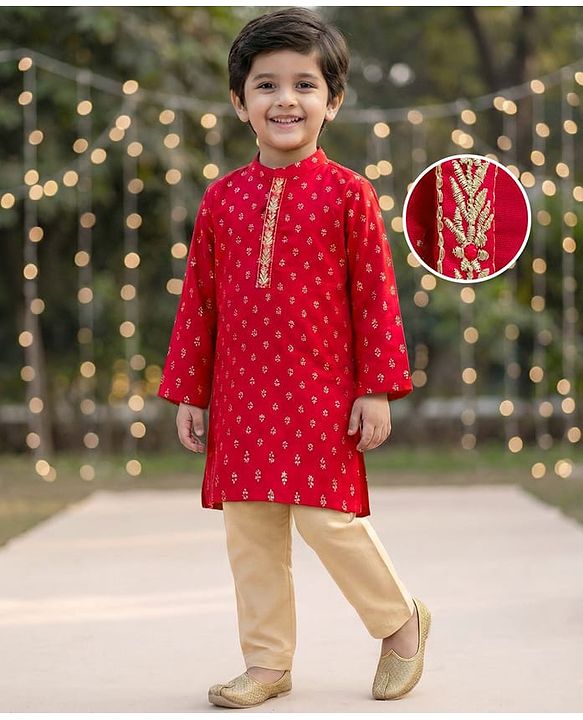 Babyhug Woven Full Sleeves Kurta Pajama Set With Floral Foil Print - Red