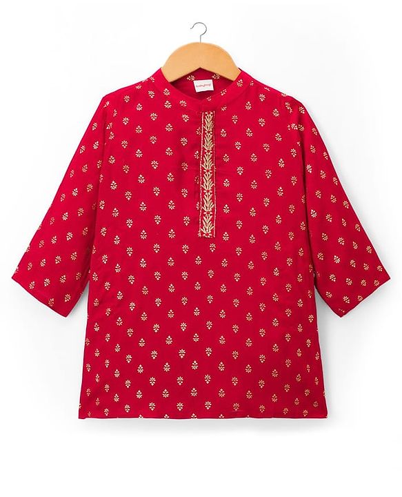 Babyhug Woven Full Sleeves Kurta Pajama Set With Floral Foil Print - Red