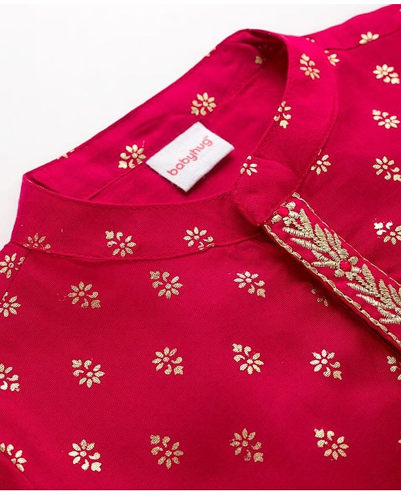 Babyhug Woven Full Sleeves Kurta Pajama Set With Floral Foil Print - Red